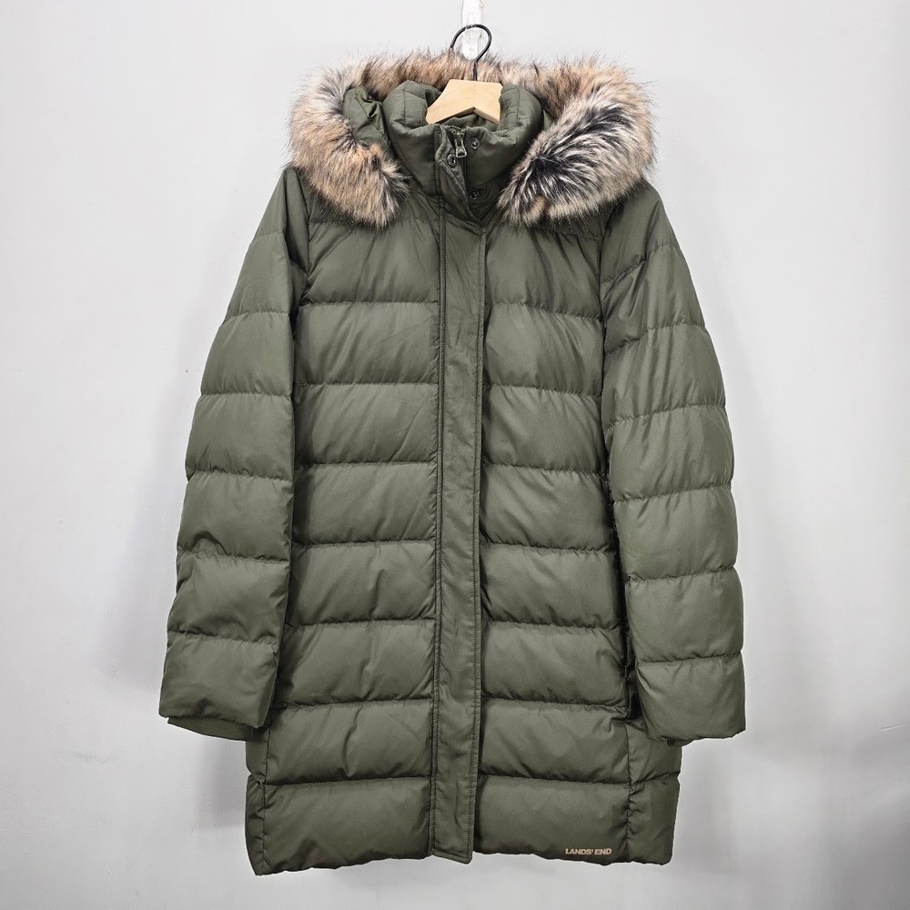 Lands End Down Puffer Coat Jacket M Olive Green Faux Fur Hood Winter Snow Parka - Picture 1 of 16